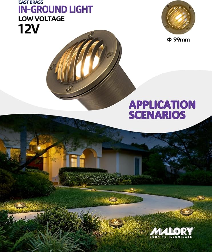 MALORY Brass Landscape Well Lights,(φ99 mm) 12V Low Voltage Outdoor In Ground Lights,Anti-Glare Landscape Lighting with 7W 540ML MR16 for Pathway, Driveway (Full Brass -01B, 4-Pack with Bulb)