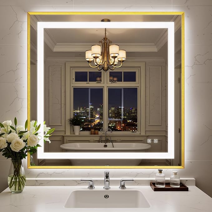 36X36 Inch LED Bathroom Mirror with Lights, Gold Frame Frontlit+ Backlit Bathroom Vanity Mirror for Wall, Ultra-Clear Tempered Glass, Shatter-Proof, Anti-Fog and Memory Function, ETL Listed