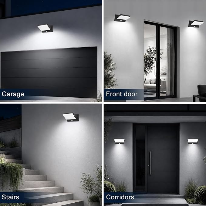 60W Motion Sensor Outdoor Wall Lights 360° Rotatable 5000K | IP65 Waterproof Aluminum Exterior Security Lighting 5000LM Hardwired Black Wall Mount Light Fixture for Porch Garage