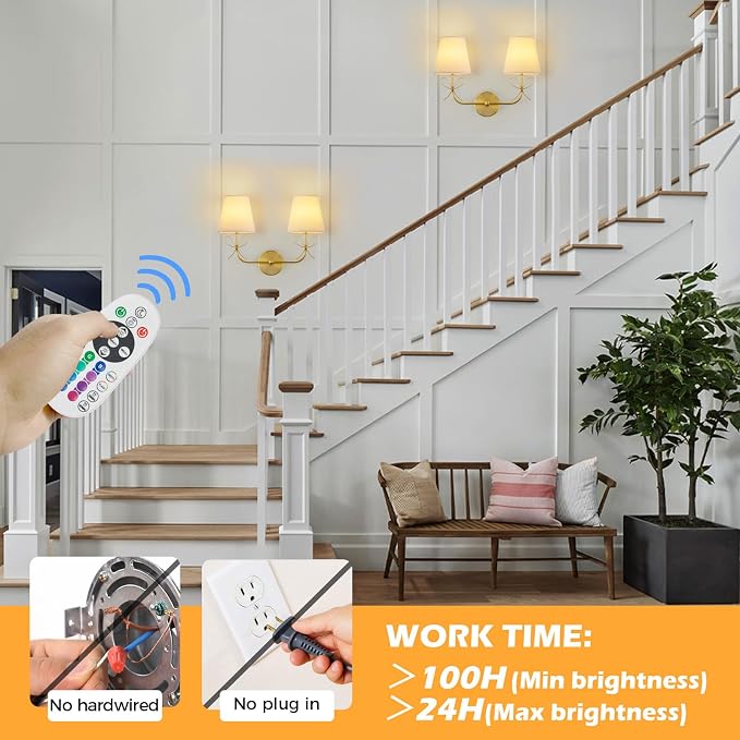 PASSICA DECOR Bow Battery Operated Wall Sconce, Rechargeable Wireless Double Lights with Dimmable Bulbs, 15 Colors and Remote Control, Gold Wall Lamps for Bedroom, Bathroom