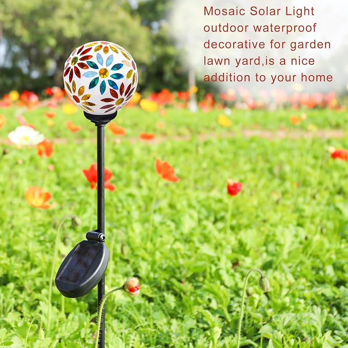 VCUTEKA Decorative Solar Garden Lights, 3.5" Mosaic Globe Outdoor Stake | Mosaic Glass Globe Design, Solar LED Light, Waterproof Design, Auto On/Off and Metal Stake Design for Lawn and Patio