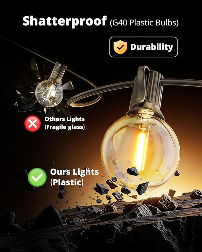 VIPAR Outdoor String Lights,60FT 32 G40 Patio Lights Waterproof for Outside | ETL,Vintage LED Globe Bulbs,Connectable, Shatterproof,Waterproof,2700KDimmable,Plug-in,for Backyard Porch Garden Bistro