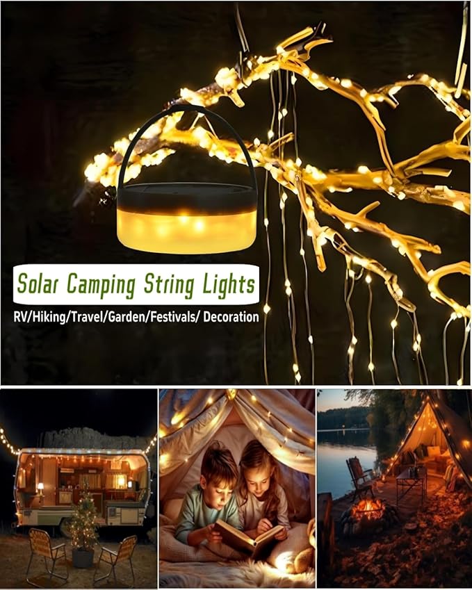 Solar Camping String Lights, 39.4 FT Fairy String Light, 4 in 1 Portable Waterproof Camp LED Lamp with 8 Lighting Modes, Hanging Rechargeable Tent Lantern for Outdoor Garden Patio Party Essentials