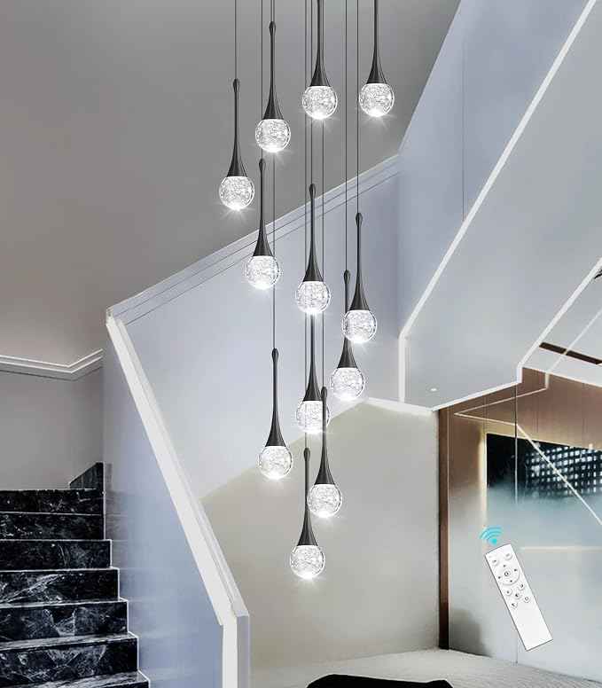 118 inches Modern Glam Crystal Chandelier for High Ceiling LED Dimmable Ceiling Pendant Light Staircase Foyer Enterway Living Room Chandelier Lighting Black 12 Lights