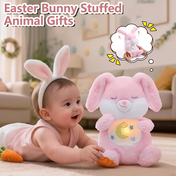 Breathing Stuffed Animal, Soothe Snuggle Pink Easter Bunny Stuffed Animal for Anxiety Adults and Kids, Volume Control Soothing Bunny Plush with Realistic Breathing and Lights, Easter Basket Stuffers