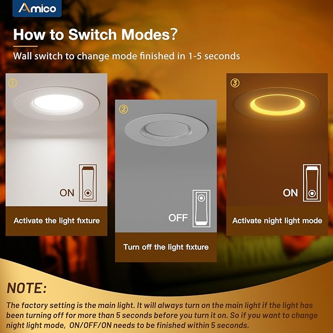 Amico 12 Pack 4 inch 5CCT LED Recessed Lighting with Night Light, 8W=60W, 700LM Can Lights with Baffle Trim, Dimmable, Retrofit Downlight, 2700K/3000K/3500K/4000K/5000K Selectable - ETL & FCC