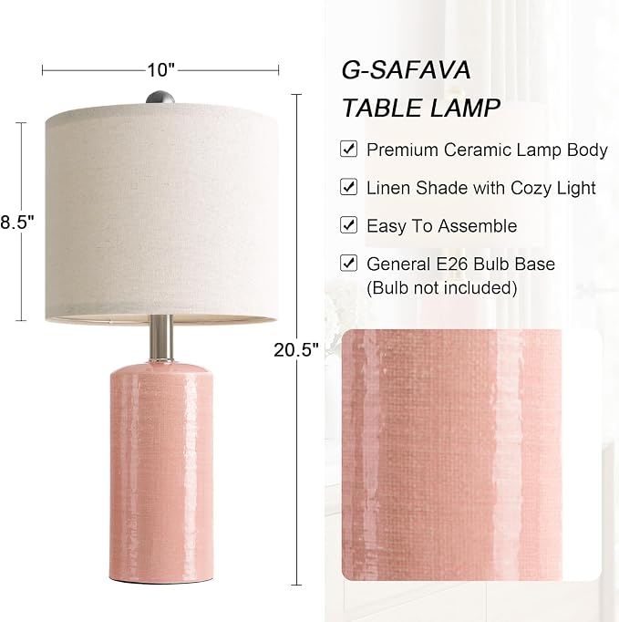 G-SAFAVA 20.5" Small Table Lamps for Living Room Lamp Set of 2 Ceramic Lamps for Bedroom Bedside Lamps Modern Boho Lamps for Night Stands Farmhouse Nightstand Lamp Side End Table Lamp, Pink