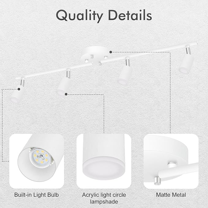 4 Light Track Lighting Fixtures Ceiling, 16W/2700K White Track Lighting with Acrylic Lampshade & Rotatable Light Heads, 20000hrs Lifespan, Modern LED Track Lights Ceiling for Kitchen/Hallyway