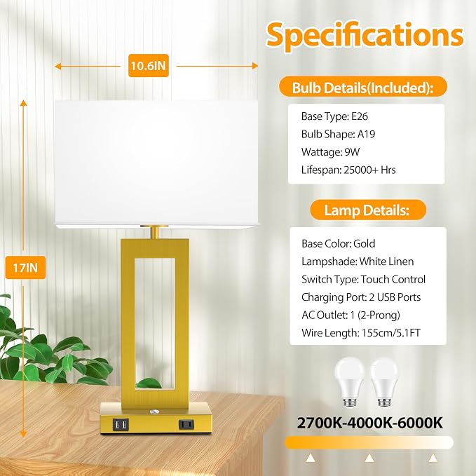Kondras 3 Color Temperatures Touch Control Table Lamps Set of 2, Stepless Dimmable Bedside Lamps with 2 USB Ports&AC Outlet, Modern Nightstand Lamps for Bedroom Living Room, Bulbs Included, Gold&White