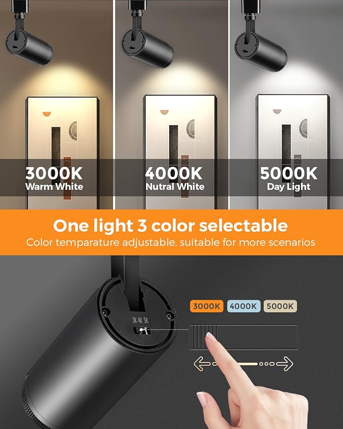VANoopee 3-Color Zoomable J Type Track Lighting Heads 10W for Juno Rail - Bright LED Track Light Heads Fixtures 3000K 4000K 5000K Ceiling Spot Accent Light, No Flicker CRI90+ 15-55° 800lm Black 4 Pack