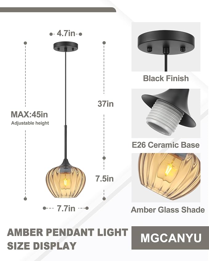 Glass Pendant Lights Kitchen Island, 7.7" Vintage Amber Pendant Lighting Samll Hanging Light Fixtures for Kitchen, Dining Room, Sink, Bathroom