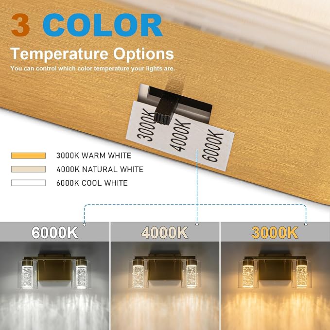 SineRise 2-Light Gold Vanity Light with 3 Color Modes (3000K/4000K/6000K), Eye Protection LED Bathroom Light Fixture, Dimmable Modern Wall Light Over Mirror with Clear Glass Shade