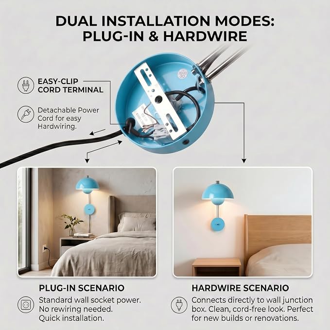 COSYLUX Mid-Century Modern Bud Plug in Wall Sconces for Bedroom, Turquoise | Indirect lighting reading wall lamp, all-metal construction, plug-in or hardwired install, fits bedroom bedside, living room