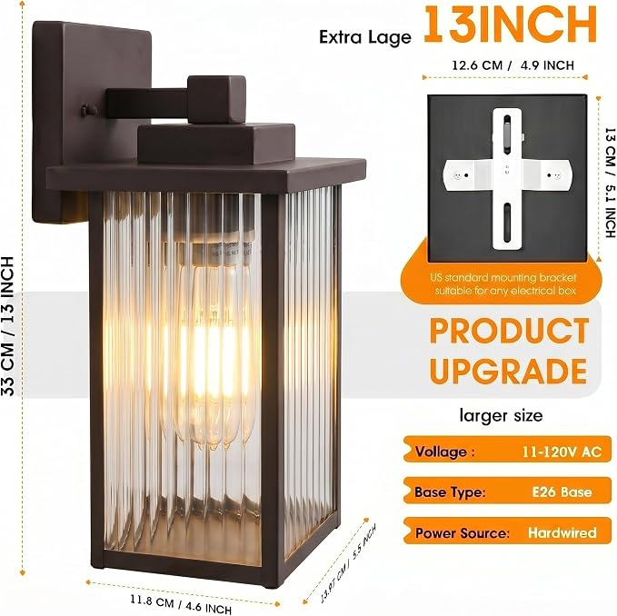 13" Oil-Rubbed Bronze Outdoor Wall Light, All-Metal Frame Porch Light | Textured Glass Softens Glare, Stays Bright. Rust-Resistant Bronze Metal. Pre-Assembled DIY Install. For Porch, Garage & Entry