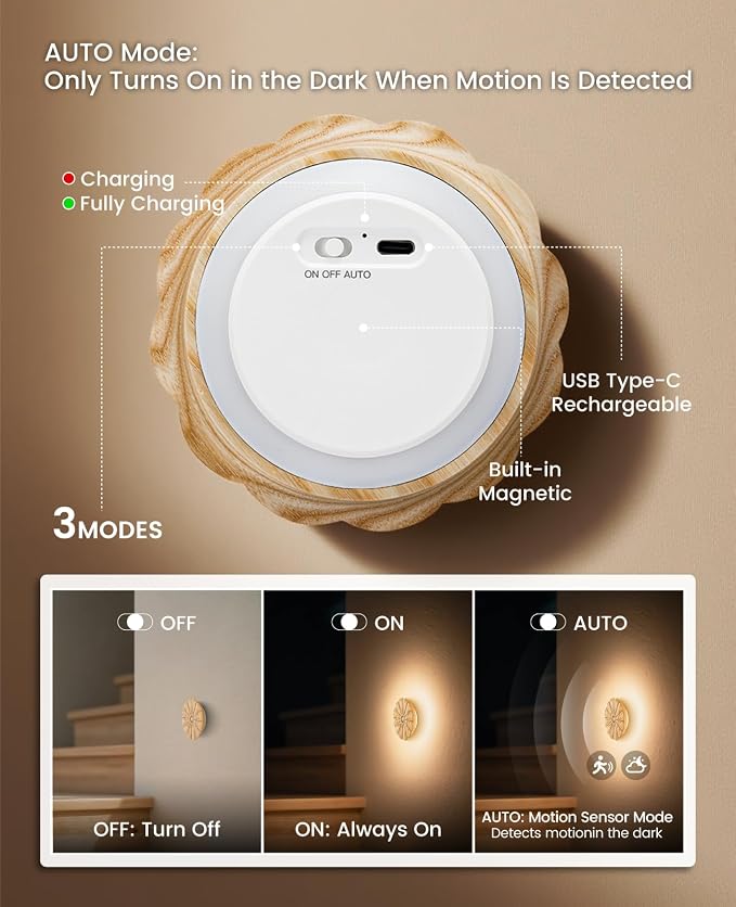 Rechargeable Motion Sensor Light Indoor, Wood Flower Night Light, Magnetic | Warm White 3000K, Ash Wood Flower USB Rechargeable Light, Wireless Lighting for Hallway Bedroom Kitchen , Magnetic Stick-on