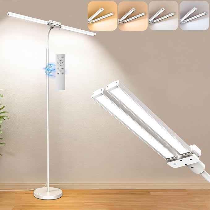 LED Floor Lamp, 24W Dual Head Dimmable Standing Lamp with Remote & Touch Control, Adjustable Gooseneck, 3000K-6500K Modern Reading Lamp for Living Room, Bedroom, Office & Crafts