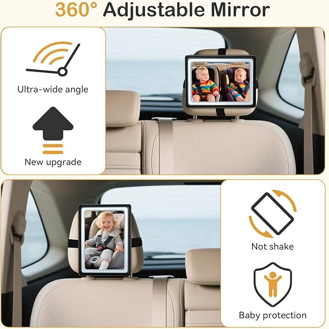 Baby Car Mirror with Light - Remote Control, 360° Adjustable, Shatter Resistant Car Seat Mirror - Clear Night Vision, Easy Installation for Rear Facing Infants (2 Pack)