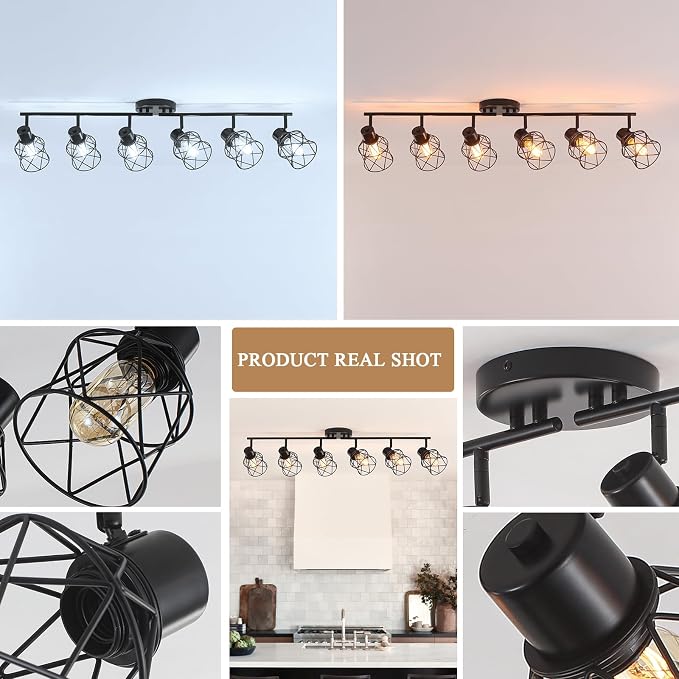 6 Lights Adjustable Multi-Directional Black Light Fixtures, Semi Flush Mount Ceiling Light, Kitchen Light Fixtures, Track Lighting Fixtures Metal Cage Industrial Spotlight Fixtures for Dining Room