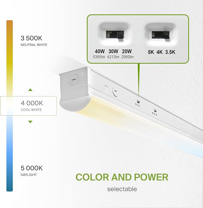 ASD 4ft LED Linear Strip Light Fixture with Emergency Battery Backup & Q-Base | 20W-40W 120-277V 3500K-5000K Adjustable Linkable LED Shop Light | UL DLC Stairwell Certified Luminaire