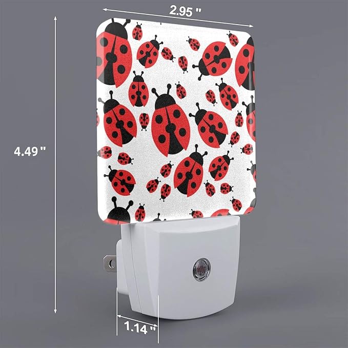 Cartoon Red Ladybug Night Light Set of 2, Auto Sensor LED Dusk-to-Dawn Nightlights, Plug-in Sensor Lamp for Bedroom Bathroom Kitchen Hallway Stairs Decorative