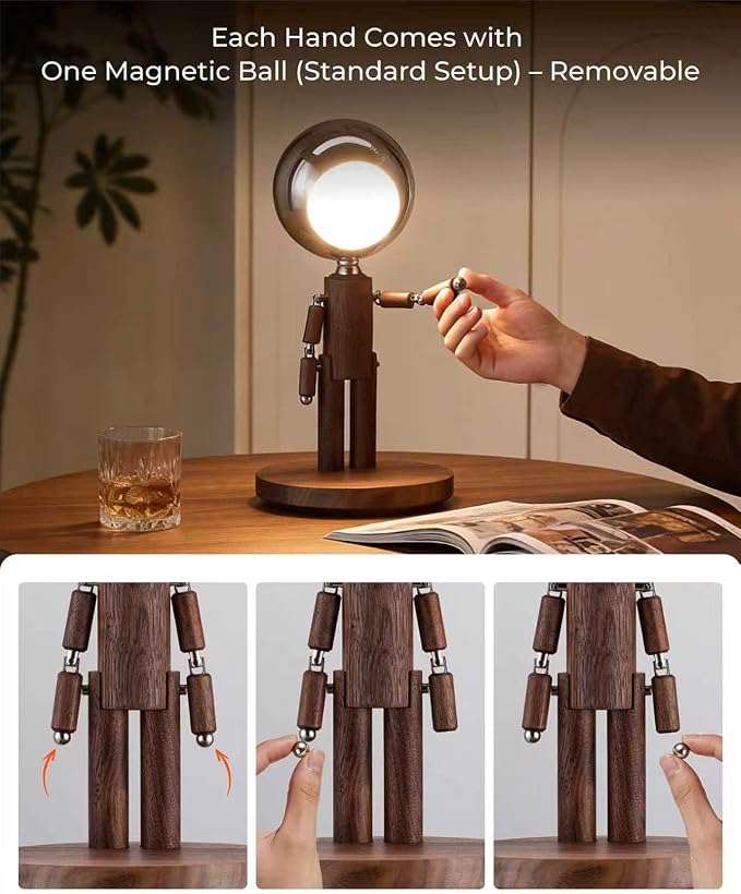 Cordless Table Lamp, Rechargeable Wooden Desk Lamp, Dimmable, Gift | Black Walnut, Touch Control, 3 Color Temperatures, Stepless Dimming, Home Decor, Gifts, Nightstand Robot Lamp