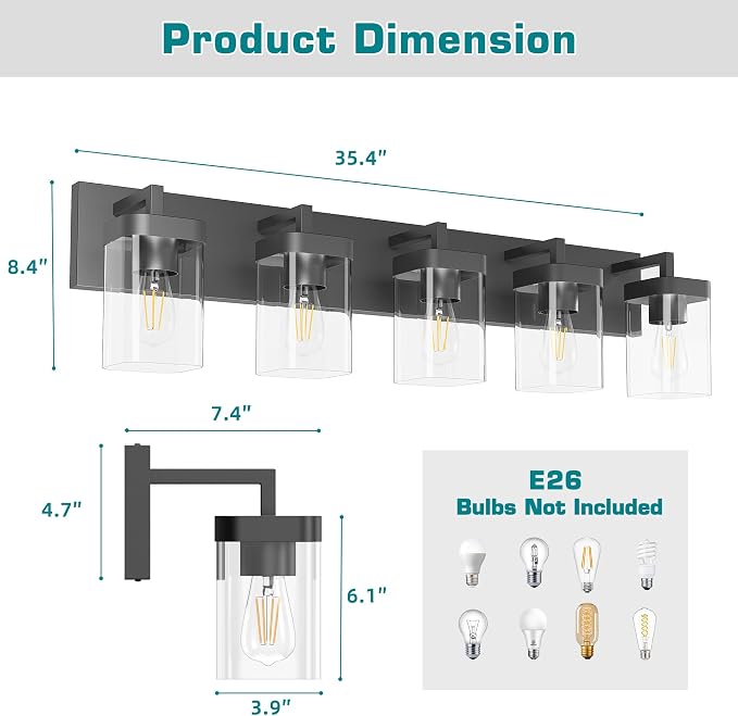 Bathroom Vanity Light, Square Design 5 Lights Morden Bathroom Lighting Fixtures Over Mirror, Black Vanity Light for Living Room/Bedroom