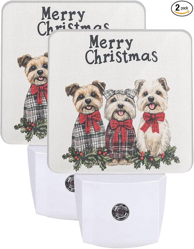 Cute Christmas Dogs LED Plug-in Night Lamp 2 Piece Set, Auto Sensor Emergency Nightlights Set of 2 for Bedroom Bathroom Night Stairs