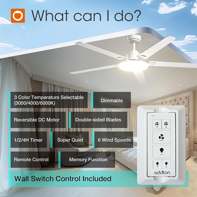 addlon 60 Inch Ceiling Fans with Lights and Remote Control, Wall Switch | Reversible DC motor, 6-speed, Timer, 3CCT Dimmable, Quiet, White Ceiling Fan for Bedroom, Living Room, Indoor/Outdoor Use