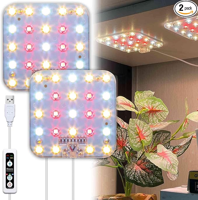 DOMMIA Full Spectrum LED Grow Light for Indoor Plants, 2 Panels 10W with 6/12/16h Timer Dimmable Plant Lights for Flower Veg Plant Growth USB, Warm White, 2-Pack