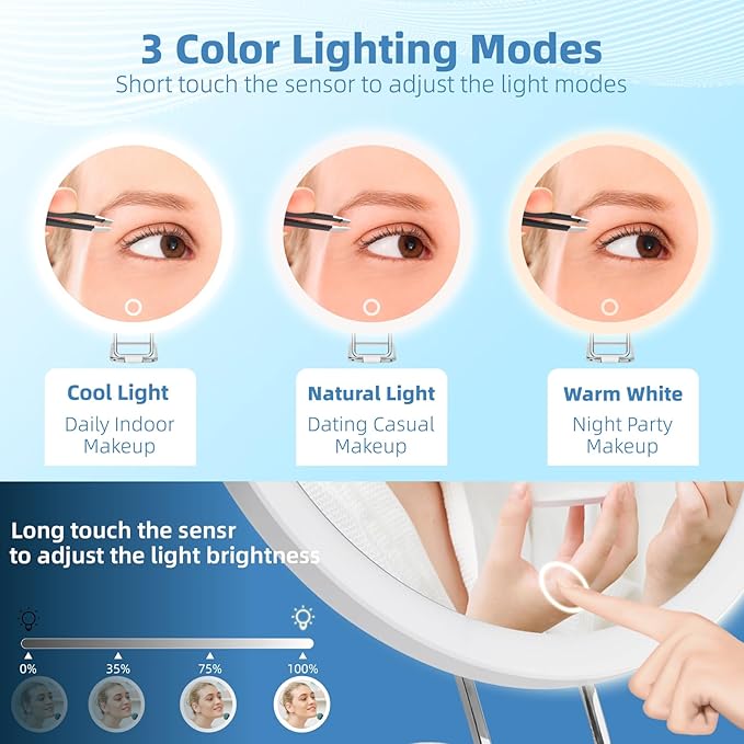 Magnifying Mirror with Light 30X, , Large 6" Rechargeable 3 Colors Modes Dimming Lighted Makeup Mirror with 30X Magnification, LED Travel Magnified Mirror with 3 Suction Cups and 360° Table Stand