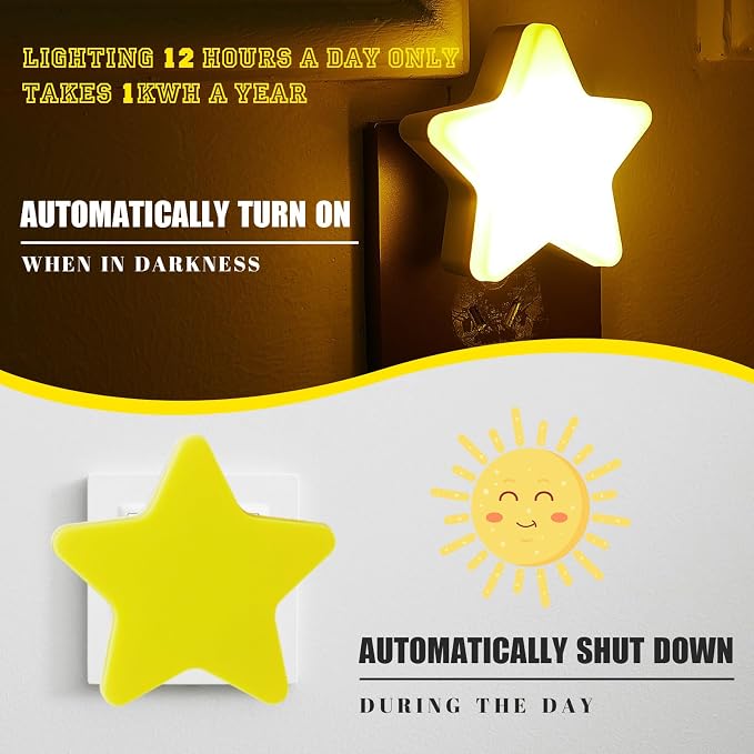Mudder 2 Pack Night Light Plug into Wall Soft LED Night Light Cute Wall Nursery Lamp Warm Sensor Plug-in Intelligent Nightlight for Bedroom Hallway(Star, Moon,Yellow)