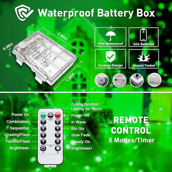 JMEXSUSS 2 Pack Green Fairy Lights Battery Operated, Total 400 LED 132ft | With Remote, Timer, Waterproof, 8 Modes Twinkle String Lights for Halloween, Tree, Mantel, Garden, Yard, Bedroom, Xmas Decor