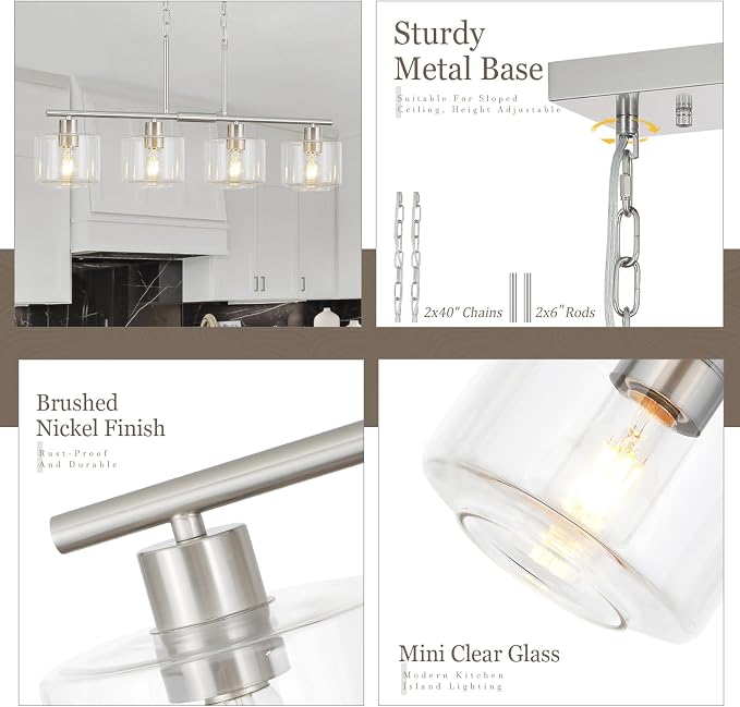 4-Light Brushed Nickel Kitchen Island Lighting, Modern Linear Dining Room Chandelier Light Fixtures with Clear Glass and Chain, Mid Century Hanging Lights for Kitchen Island, OS-YQ8153-4ISBNC