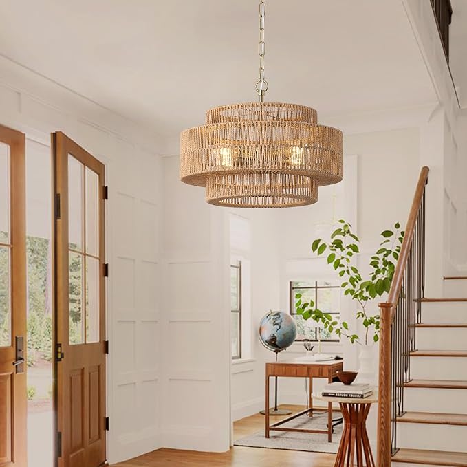 17.7"Large Boho Rattan Farmhouse Chandeliers for Dining Room,4-Light Rattan Hand-Woven Rustic Drum Chandelier Pendant Light Fixture for Kitchen Island Bedroom Living Room Entryway Foyer(Brown)