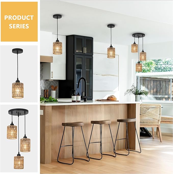 3 Pack Rattan Pendant Lights Kitchen Island, Farmhouse Pendant Lighting with Hand Woven Wicker Shade, Boho Chandelier Light Fixtures Ceiling Hanging for Dining Room Bedroom Foyer Hallway