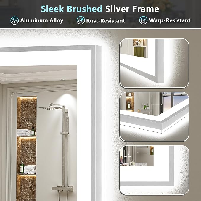 72x36 Inch Brushed Nickel LED Bathroom Mirror, Backlit & Front Lit | Silver Framed Anti-Fog Lighted Vanity Mirror with Lights, 3 Color Dimmable, Memory, HD Tempered Glass, CRI95, IP54, UL Listed