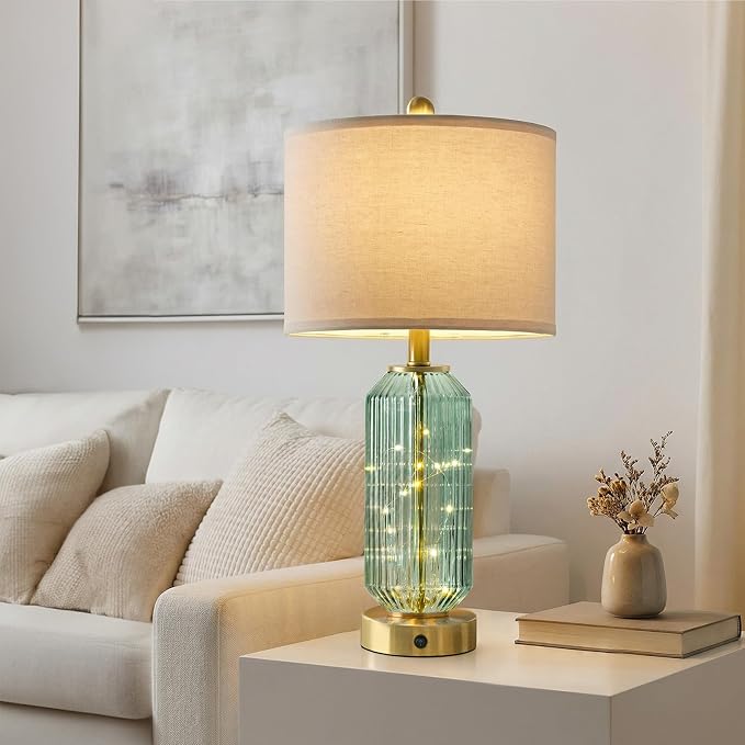 24.5" Bedside Table Lamps Set of 2, Green Glass Nightstand Lamps with USB A+C Charging Ports and Night Light, Gold Modern Lamps for Bedroom, Living Room, End Table (2 Bulbs Included)