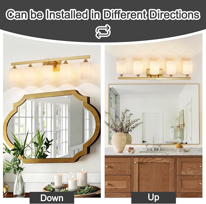 ZHU YAN Gold Vanity Lights for Bathroom, 5-Light Bathroom Vanity Light Fixtures, Milky White Glass Shades Wall Lamp,E26 Socket, for Mirror Living Room Bedroom Standard