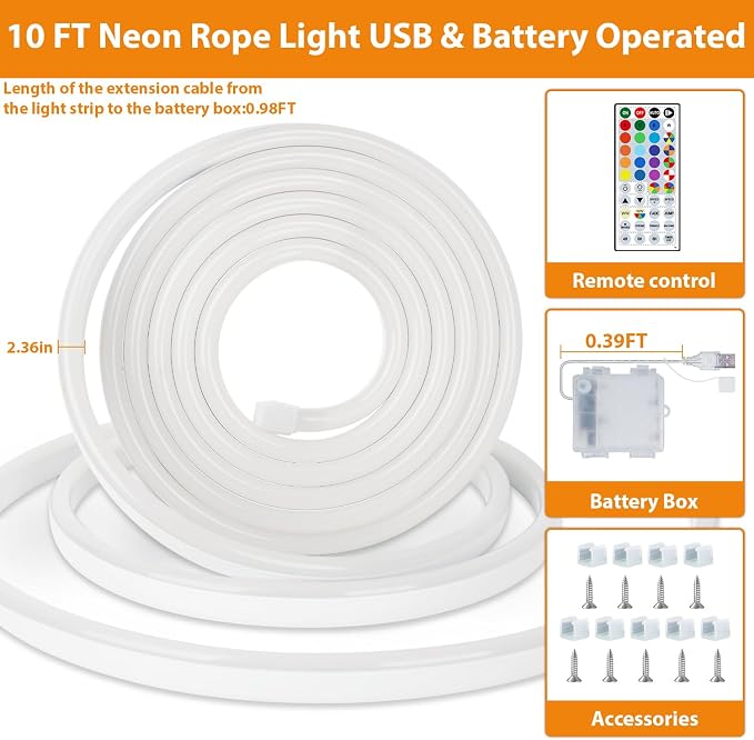 OMIKA 10FT Neon Rope Light Battery Operated, RGB &Warm White Cuttable Lights with USB, Outdoor LED Strip Lights Waterproof for Wall Bedroom Outside Indoor Christmas Décor