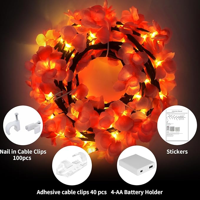 FNHMSL 4FT 48LED Cherry Enchanted Willow Vine Lights for Christmas Bedroom | Pink Cherry Blossom Tree Branch Lights for Wall, Remote Timer,8 Light Model,Bedroom Wall Doors Wedding with USB Battery Box