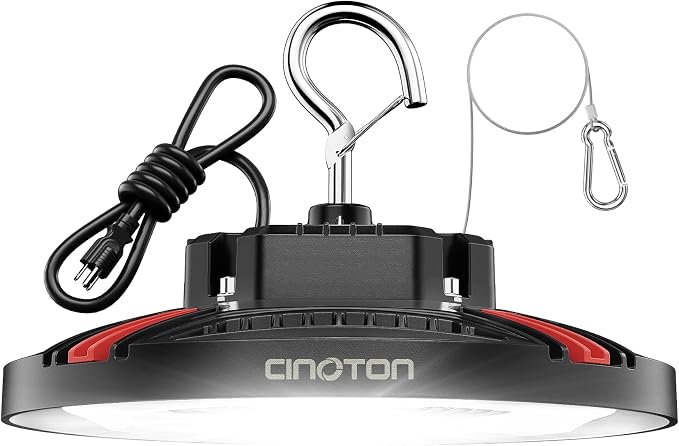 CINOTON 100W UFO LED High Bay Light, Aluminum LED Shop Lights with 15000LM, 5000K Commercial Bay Lighting for Warehouse Garage Workshop Factory Hall, 6' Cable & Safety Rope, ETL Listed 1 Pack