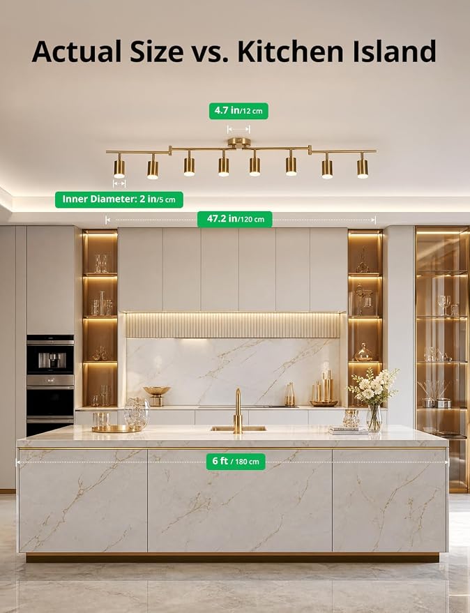 Bojim Gold 8 Light Kitchen Track Lighting Fixtures Ceiling LED Spotlight | Modern Ceiling Light with Acrylic Ring, Flexible Spotlight for Dining Living Bedroom, GU10 Base, Bulbs Not Included