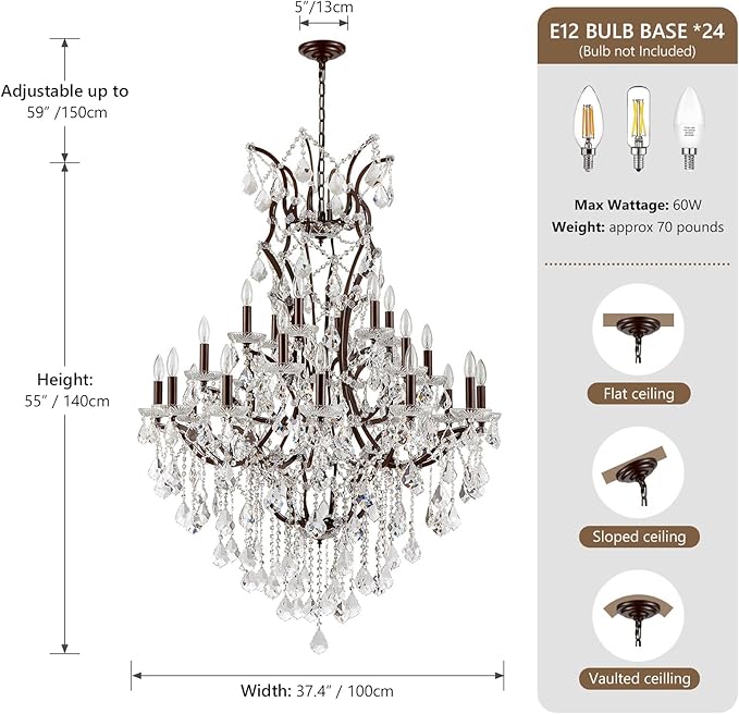 24 Lights Large Crystal Chandeliers Maria Theresa Chandelier for High Ceilings Vintage Chandelier Light Fixture Foyer Hallway Entryway Staircase 55.1" H x 39.4" D