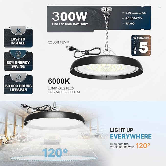 10Pack 300W UFO LED High Bay Light,33000lm 6000K Daylight 3000W Equivalent with 59inch US Plug Cable Garage Lights Commercial Warehouse Bay Light for Garage Factory Lowbay Area Lighting