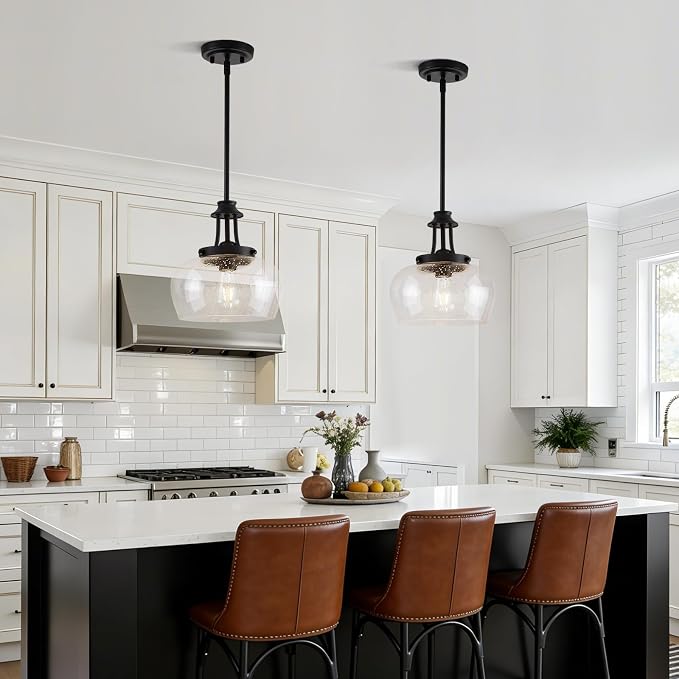 Modern Pendant Lights Kitchen Island, Matte Black Pendant Light Fixtures with 10" Clear Air Bubble Glass Shade, Industrial Hanging Pendant Lights Fixture for Kitchen Island Dining Room Entryway