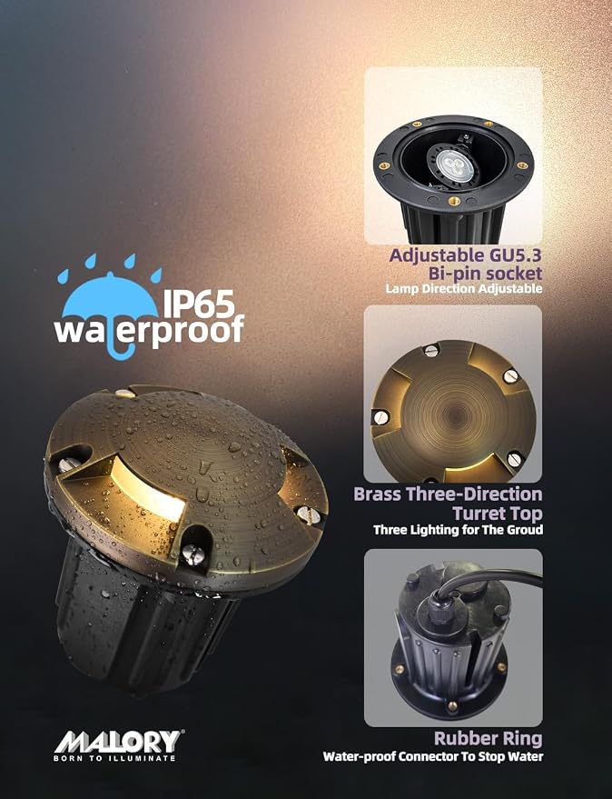 MALORY Brass Top Cover Landscape Well Lights,(φ126 mm) 12V Low Voltage Outdoor In Ground Lights,Landscape Lighting for Pathway, Driveway and Garden (Three-Direction Turret, 10-Pack with Bulb)