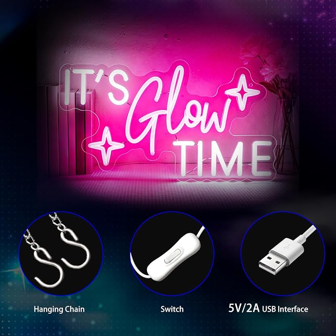 Neon Sign, Neon Signs for Wall Decor LED Signs Neon Light | It's Glow Time Neon Sign for Bedroom, Living Room, Business, Cafe, Bar, Party, Home Decor, Pink Decor, Gift, USB Powered