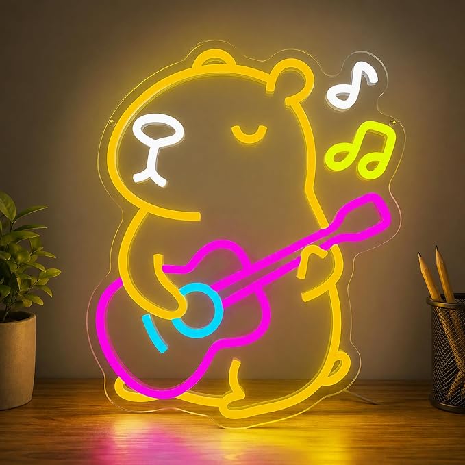 Capybara Neon Sign Animal Neon Light LED Neon Capybara Light for Wall Decor | Dimmable Capybara Neon Light with Guitar Design for Kids Bedroom Party Decor Birthday Gift for Children and Capybara Lovers