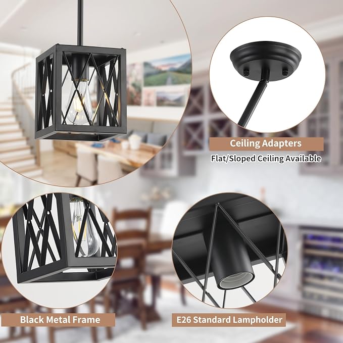KEESFU Farmhouse Pendant Light with Metal Cage,1 Light Black Pendant Lighting for Kitchen Island,39 Inch Adjustable Rods for Flat and Slop Ceiling,Kitchen Island Hallway Foyer.2 Pack.