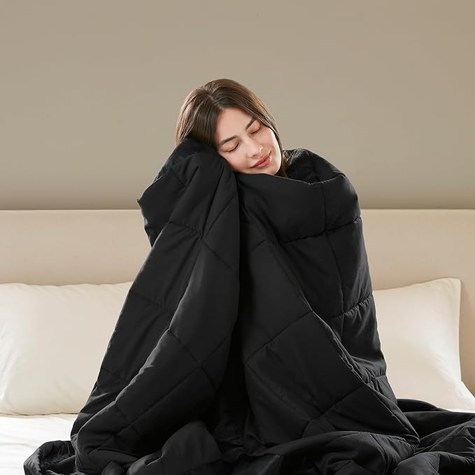 Madison Park Queen Size Blanket Ultra-Soft Microfiber Queen Size, Box Quilting with Satin Binding, All Season & Lightweight Queen Summer Blanket for Bed, Couch & Sofa, Full/Queen, Black